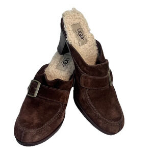 UGG Australia Isabella High Heel Clog Shoes Brown Suede Sheepskin Lining US 8